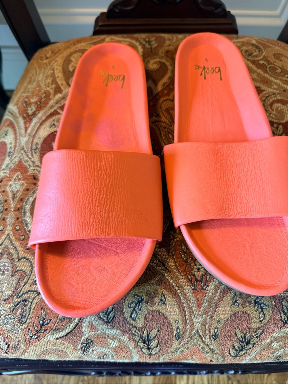Beek Coral Leather Slide Sandals Tangerine color size 9 memory foam footbed - Picture 2 of 12